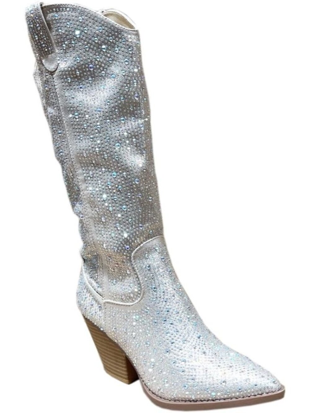 Women's Champagne Leather Pointed Toe Rhinestone Cowgirl Stylish Knee High Boots